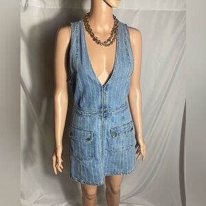 Forever 21 Blue Denim Mini Dress Zip Front Deep V Sleeveless Size M